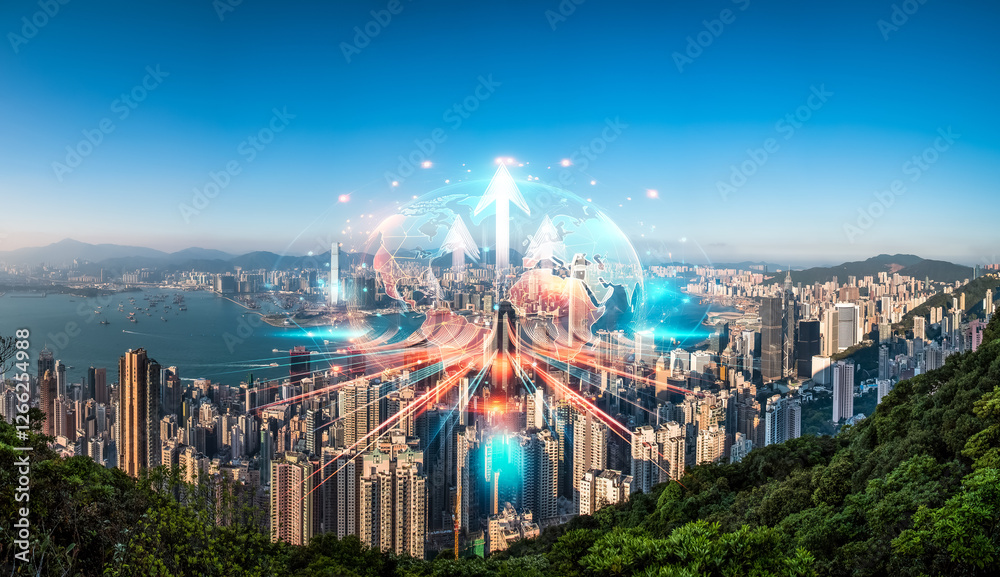 Poster hong kong cityscape with a double exposure concept, showing arrows growing up over the urban skyline