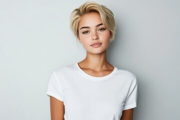 Obraz premium Young and beautiful blonde woman posing on a light grey background.