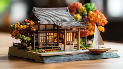 Model house with a sail displayed on a table alongside a detailed japanese miniature diorama