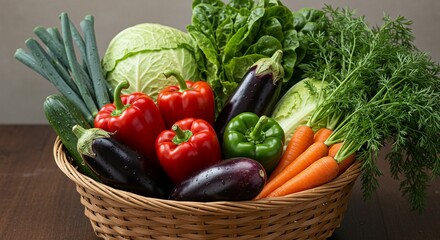 Basket of fresh vegetables with carrots and bell peppers