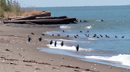 Penguins beach shore ocean wildlife nature