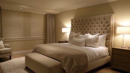 Elegant bedroom interior with tufted headboard and soft ambient lighting