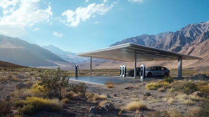 Electric Vehicle Charging Station Amidst Desert Landscape and Mountain Scenery