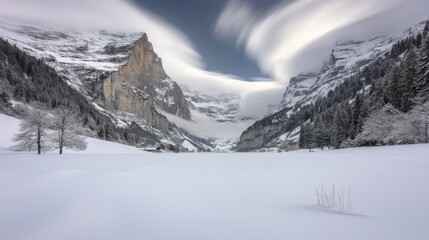 Snowy valley, alpine mountains, dramatic clouds, winter landscape