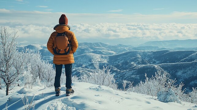 Hiker winter mountain peak snowy landscape travel