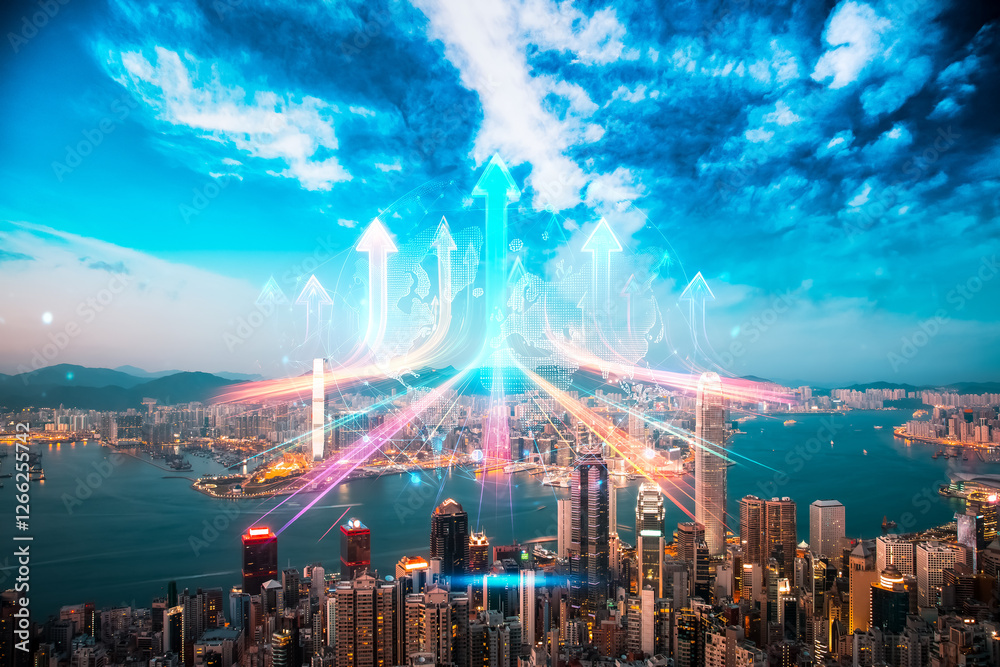 Poster double exposure concept showing hong kong's growth. arrows point up over the cityscape, symbolizing 