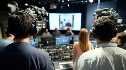 A wide shot captures the synchronized activity of the production crew with multiple crew members in headsets relaying cues while a sound technician checks the microphone levels of a