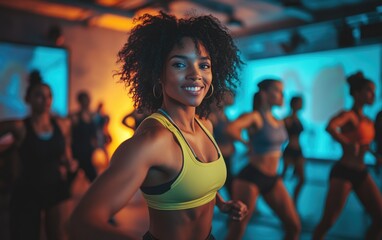A group of enthusiastic individuals engages in a dynamic dance class within a colorful studio. The atmosphere is lively as participants showcase their skills and energy