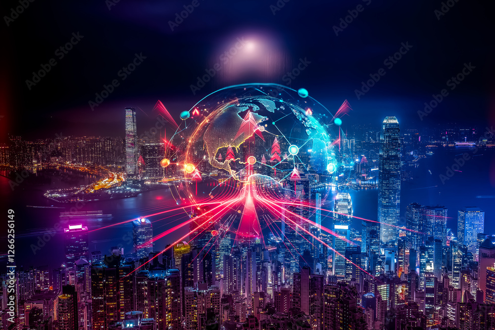 Poster Hong Kong cityscape concept with double exposure, showing a growing urban center at night. Digital network glows above the illuminated city as it grows up.