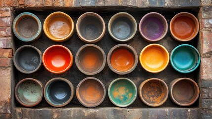 Colorful ceramic bowls arranged in a brick-walled niche