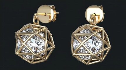 Gold diamond earrings, studio shot, geometric design
