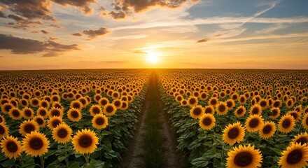 Sunflower Field at Golden Sunset Hour with Dramatic Sky Landscape