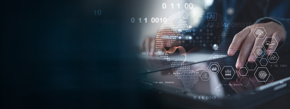 Data science and engineering, digital technology, futuristic tech background. Software engineer working with database and big data analytics, cloud computing with AI and data exchange