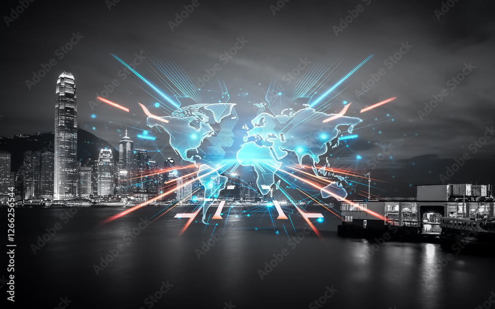 Poster a double exposure concept shows hong kong's urban skyline. growing light beams up from a world map o