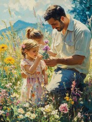 Naklejka premium A Father's Love: A Sunny Meadow Moment with His Daughters, Surrounded by Wildflowers in Impressionistic Style, Sharing Nature's Beauty and Joyful Moments.