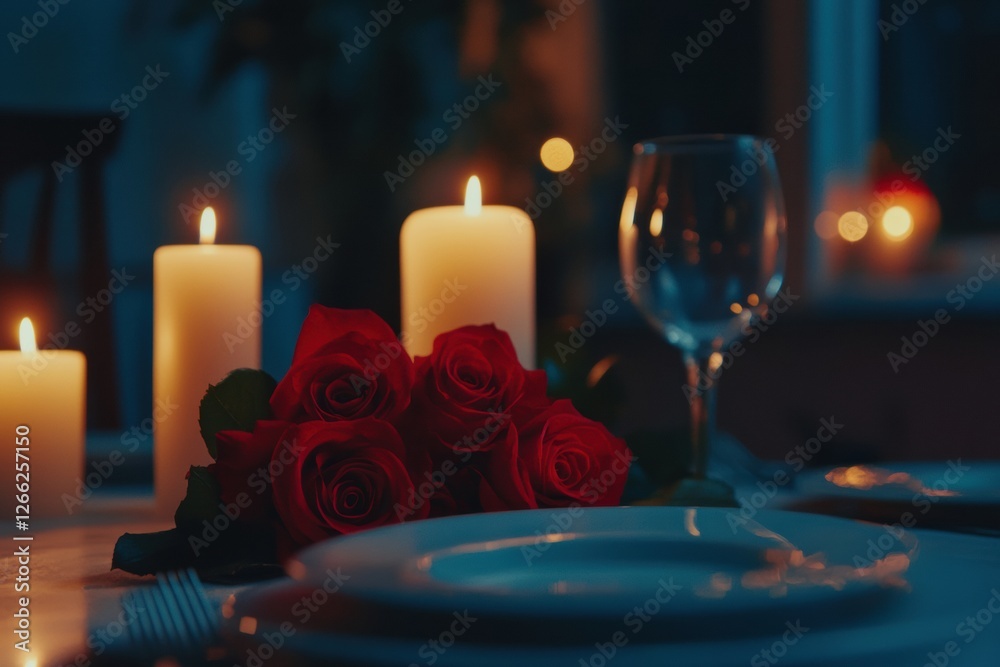 Poster romantic dinner setting with candles and red roses on a beautifully arranged table in soft evening l