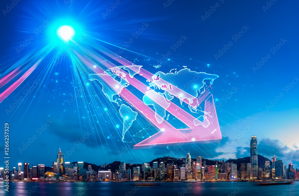Poster Hong Kong city view with bright lights and an arrow pointing up using double exposure. Concept of a growing and vibrant metropolis.