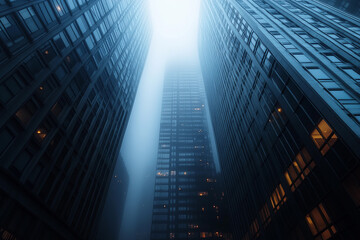 Tall buildings shrouded in fog create an ethereal atmosphere in an urban setting at twilight