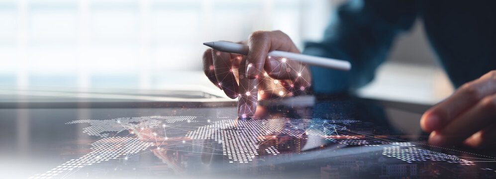 Digital technology, internet network connection, big data, digital marketing IoT internet of things. Woman using mobile phone and laptop computer surfing internet, innovative technology background