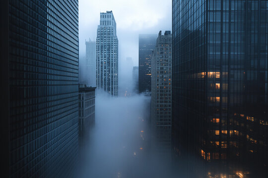 Urban landscape shrouded in fog with towering skyscrapers and mysterious atmosphere in the early morning hours - Powered by Adobe