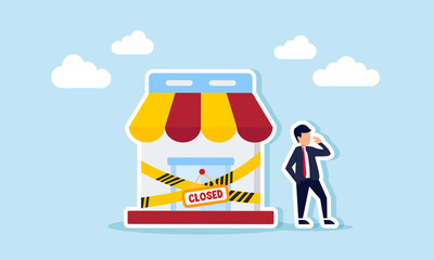Businessman stands next to a sealed store with a hanging sign that says CLOSED, illustration of bankruptcy, losing in competition, or falling behind in innovation