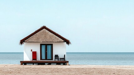 Cozy bungalow with a thatched roof sits on the beach, featuring a wooden deck and a breathtaking view of the ocean under natural light