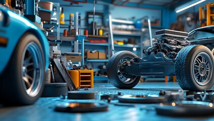 Vintage car chassis repair in a cluttered workshop garage