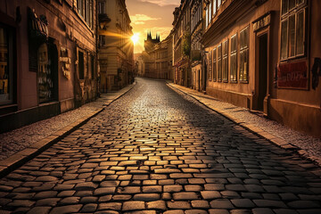 Naklejka premium Golden sunset illuminates cobblestone street in historic city during late afternoon