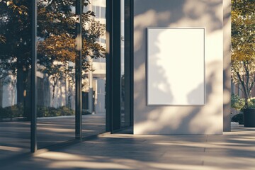 Modern blank billboard on city building exterior with sunlight and foliage
