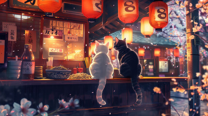 Naklejka premium Cats sitting on a traditional Asian street food market surrounded by lanterns and cherry blossoms