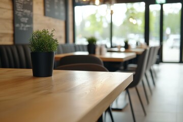 Fototapeta premium Restaurant with a table and chairs and a potted plant on it, professional equipment concept