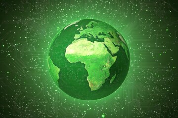 Fototapeta premium Green Earth on circuit board, digital world concept. Illustrates global connectivity, technology, and sustainability.