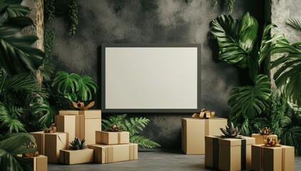 Blank framed canvas surrounded by gifts and lush greenery in a dark room