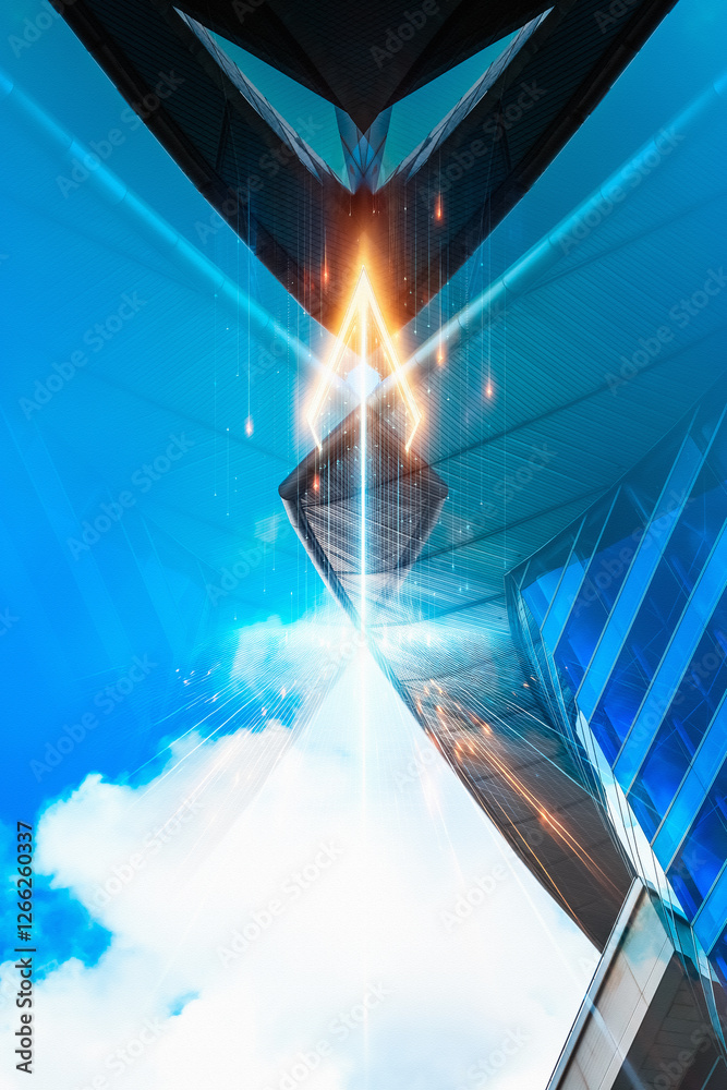 Aufkleber modern architectural concept in hong kong business district, featuring futuristic skyscraper reachin