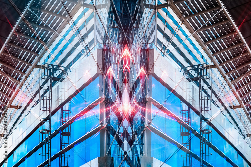Poster conceptual business architecture in hong kong. modern building design with blue, grey, and red hues 