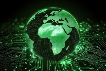 Fototapeta premium Green glowing globe on circuit board. Illustrates global connectivity, technology, and data.