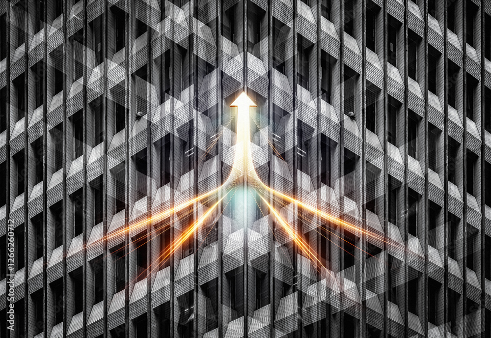 Poster Modern building facade in Hong Kong with a bright orange arrow pointing upwards, representing a business growth concept and forward direction.