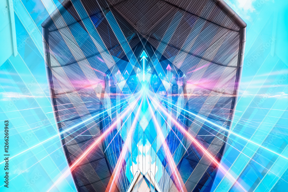 Aufkleber Futuristic business concept in Hong Kong.  Geometric architecture with light streaks symbolizing progress and technology. Modern city skyline abstract.