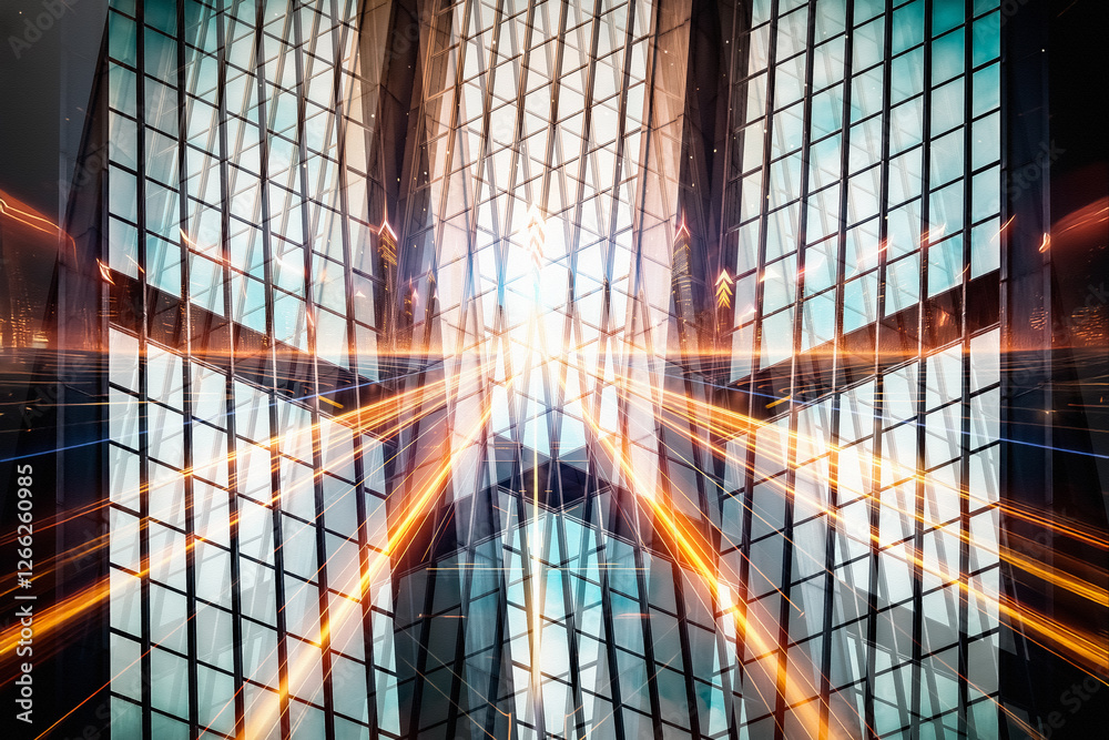 Aufkleber An abstract upward view of a modern glass skyscraper with dynamic orange light streaks creating a sense of motion and energy.