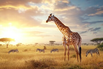 Obraz premium Giraffe stands in the middle of a field with other animals, including zebras, savannah with giraffes concept