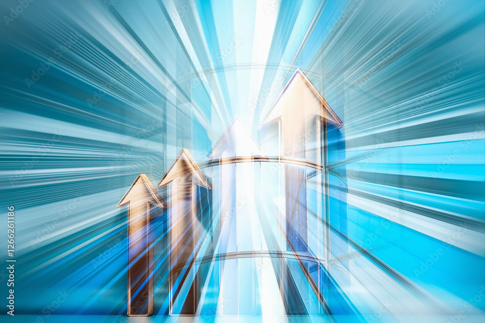 Aufkleber Business concept image with arrows pointing upwards against a blue backdrop, representing growth and progress in Hong Kong. Light rays suggest forward direction.