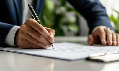 A person signing a document with a pen, emphasizing a formal business transaction.