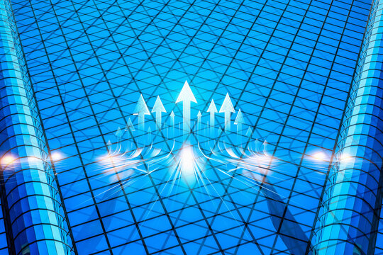 Futuristic business concept in Hong Kong, showcasing upward growth. Arrows symbolize progress and success in a modern, blue architectural setting.