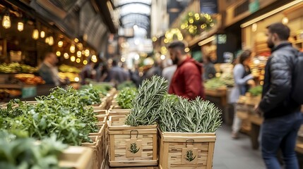 Fresh produce displayed in a bustling market, with shoppers browsing amidst vibrant greenery