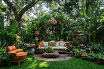 A whimsical backyard garden with unexpected plant pairings and overflowing greenery