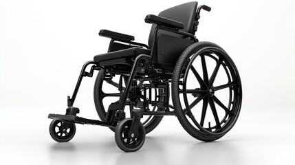 Fototapeta premium Black wheelchair positioned at an angle on a white background, showcasing its design and functionality