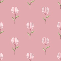 Pink Floral Seamless Pattern: Delicate blush pink flowers arranged in a repeating pattern on a soft rose background creating a gentle, romantic design perfect for textiles.