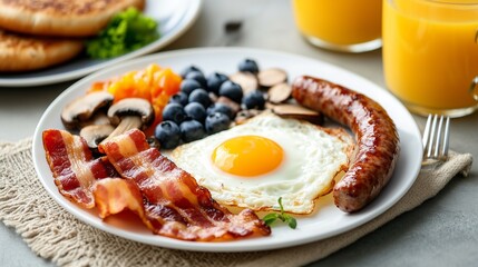 White ceramic plate displaying hearty English breakfast, crispy bacon, sunny side egg, sausage, blueberries, chopped bell peppers beside chilled orange juice