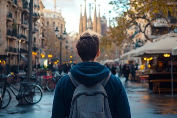 Obraz premium Man wearing a blue jacket and backpack stands in the rain on a city street, solo travel concept