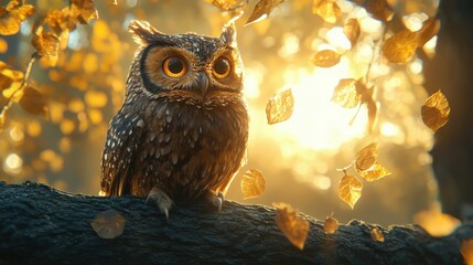 Serene Owl Portrait in Golden Light, Autumnal Forest Scene, Wildlife, Soft Focus, Generated AI